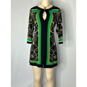 Eva Varro Dress Womens M Black Green Chain Print Keyhole Stretch Tunic